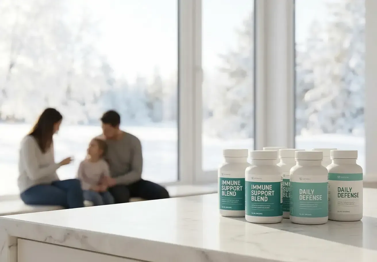 Mint-green supplement bottles on a counter, with a blurred family sitting by a bright window in the background