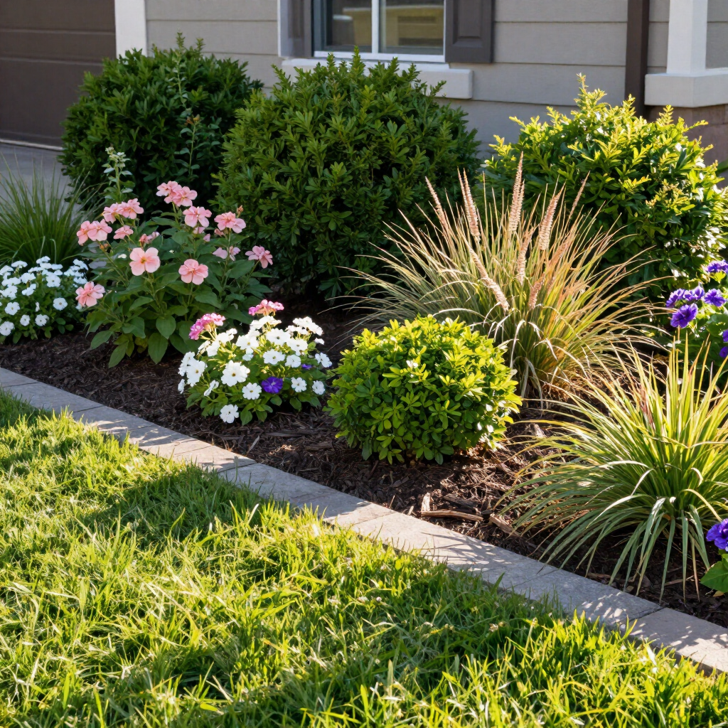 Neatly trimmed shrubs along a house foundation