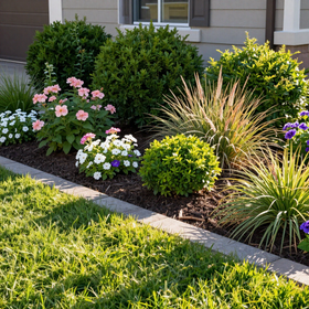 Neatly trimmed shrubs along a house foundation