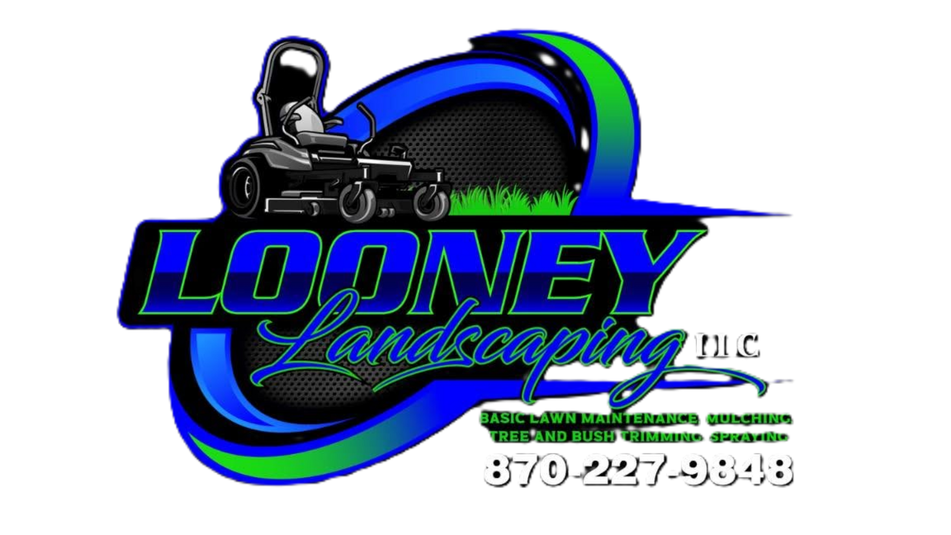 Looney Landscaping LLC logo with a riding mower, green grass, and blue swooshes on a white background