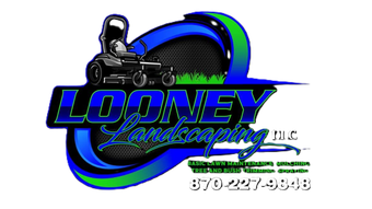 Looney Landscaping LLC logo with a riding mower, green grass, and blue swooshes on a white background