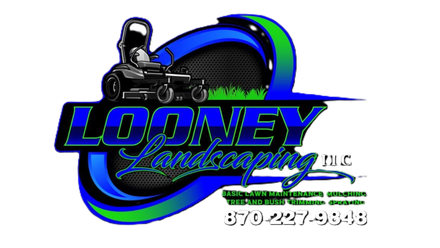 Looney Landscaping LLC logo with a riding mower, green grass, and blue swooshes on a white background