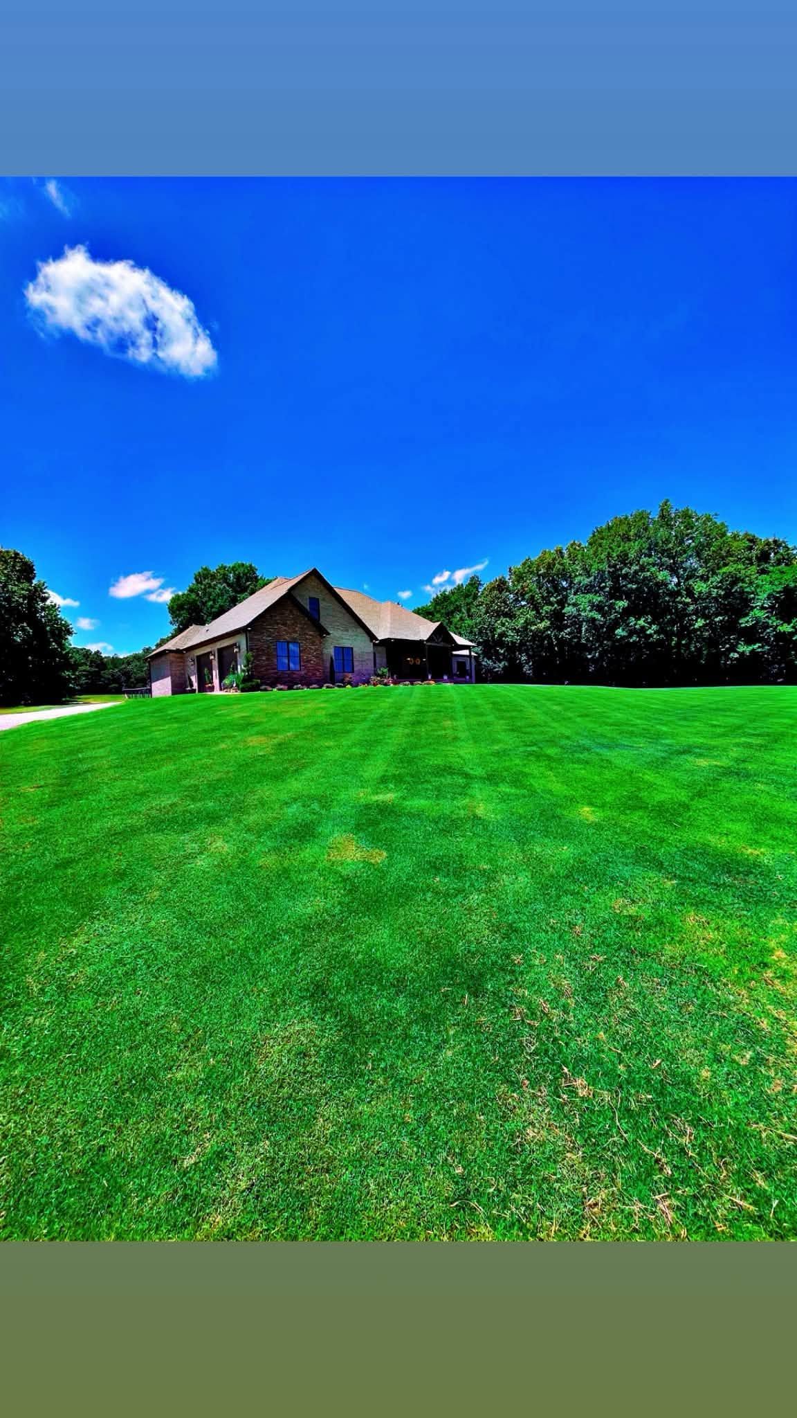 Small house on a bright green lawn under a vivid blue sky with a single white cloud