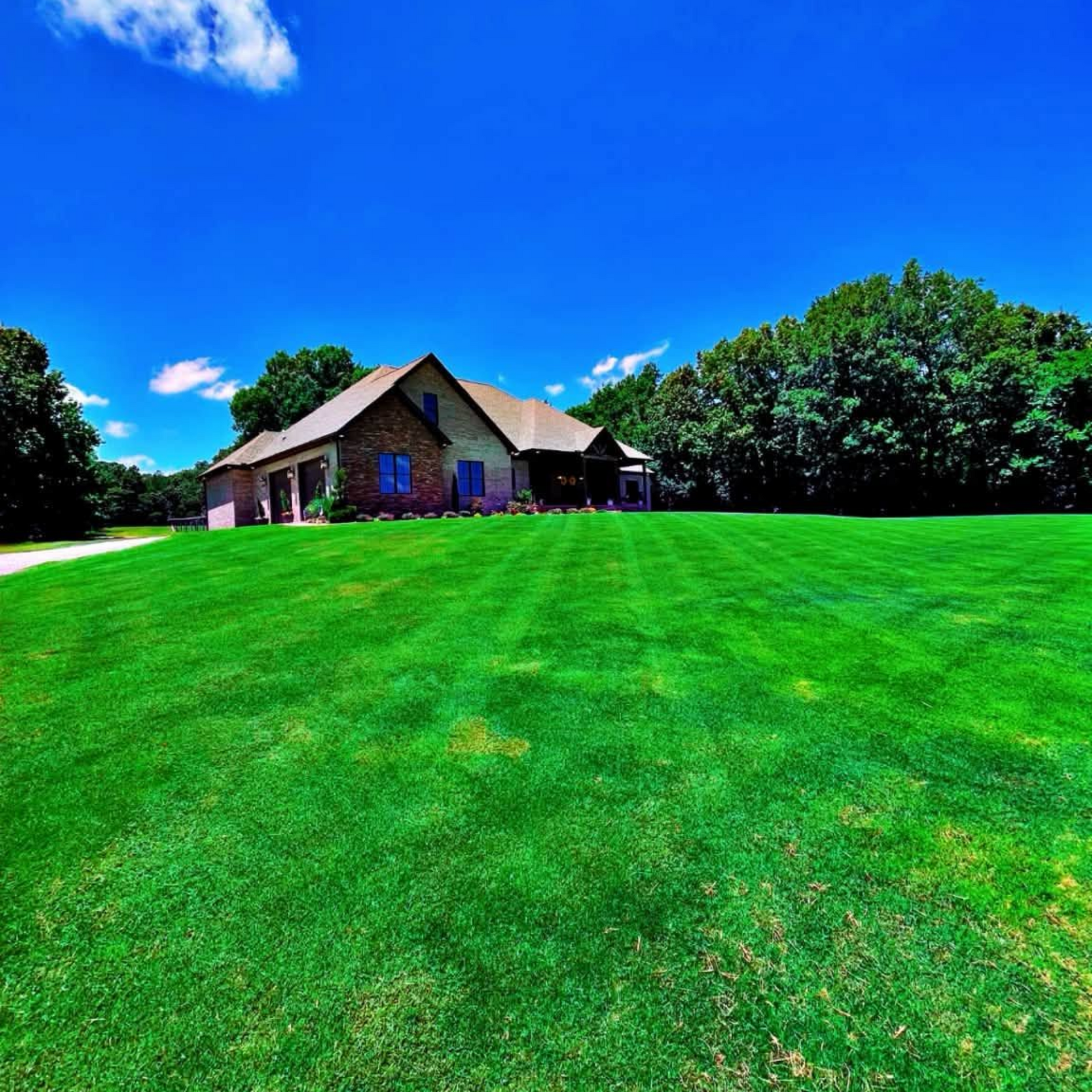 Freshly mowed and edged front lawn with mower stripes