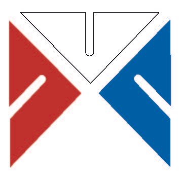 Een vierkant logo met een rode driehoek aan de linkerkant en een blauwe driehoek aan de rechterkant, gescheiden door een witte verticale streep.