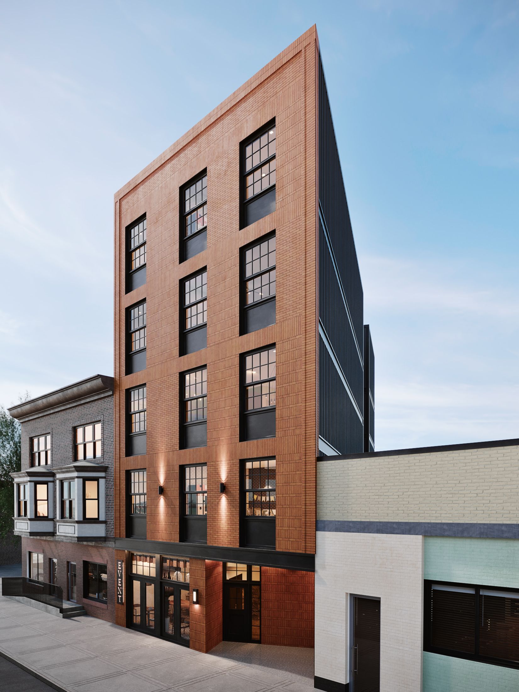 An artist 's impression of a tall building with a wooden facade