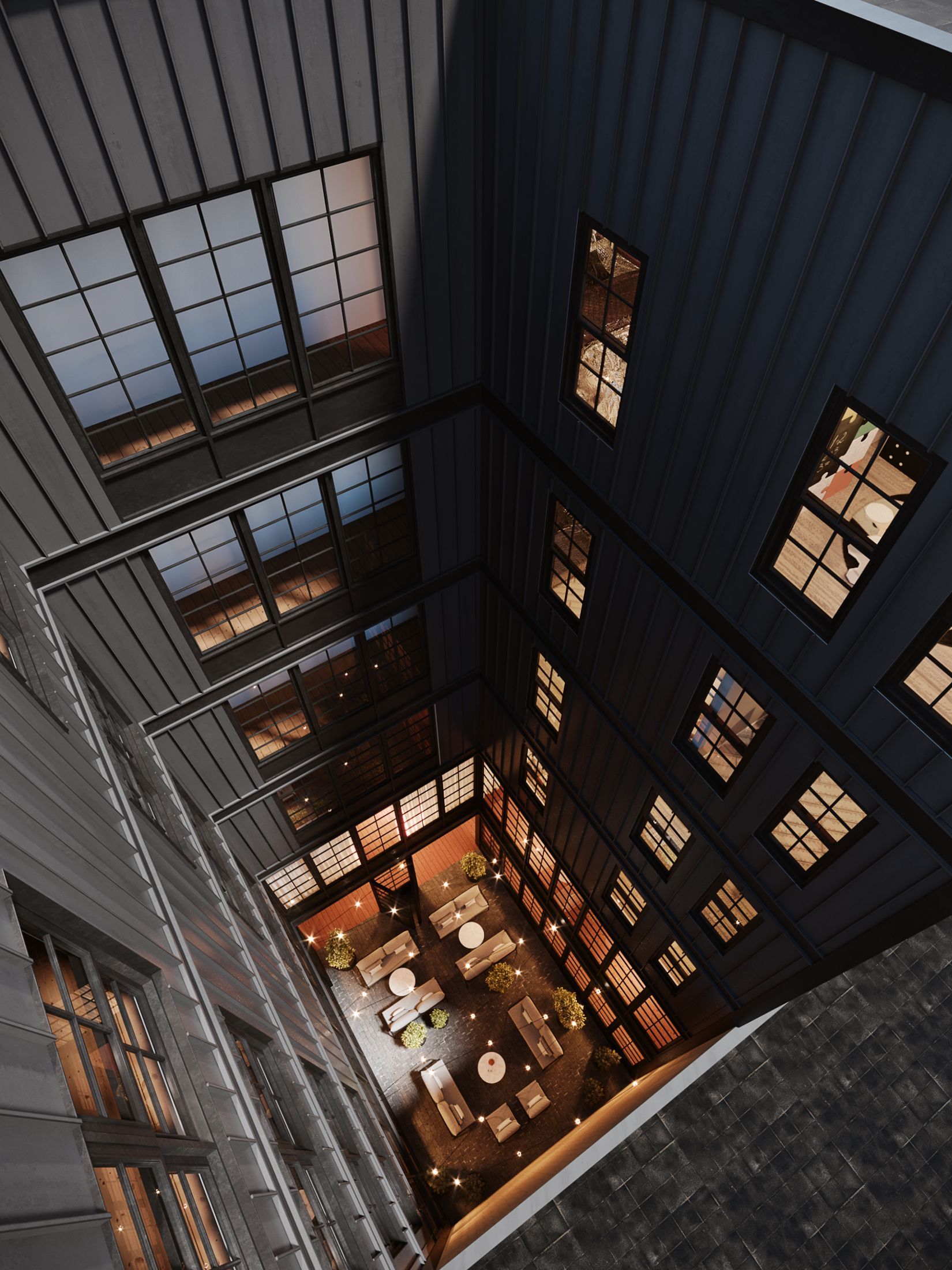 An aerial view of a building with lots of windows