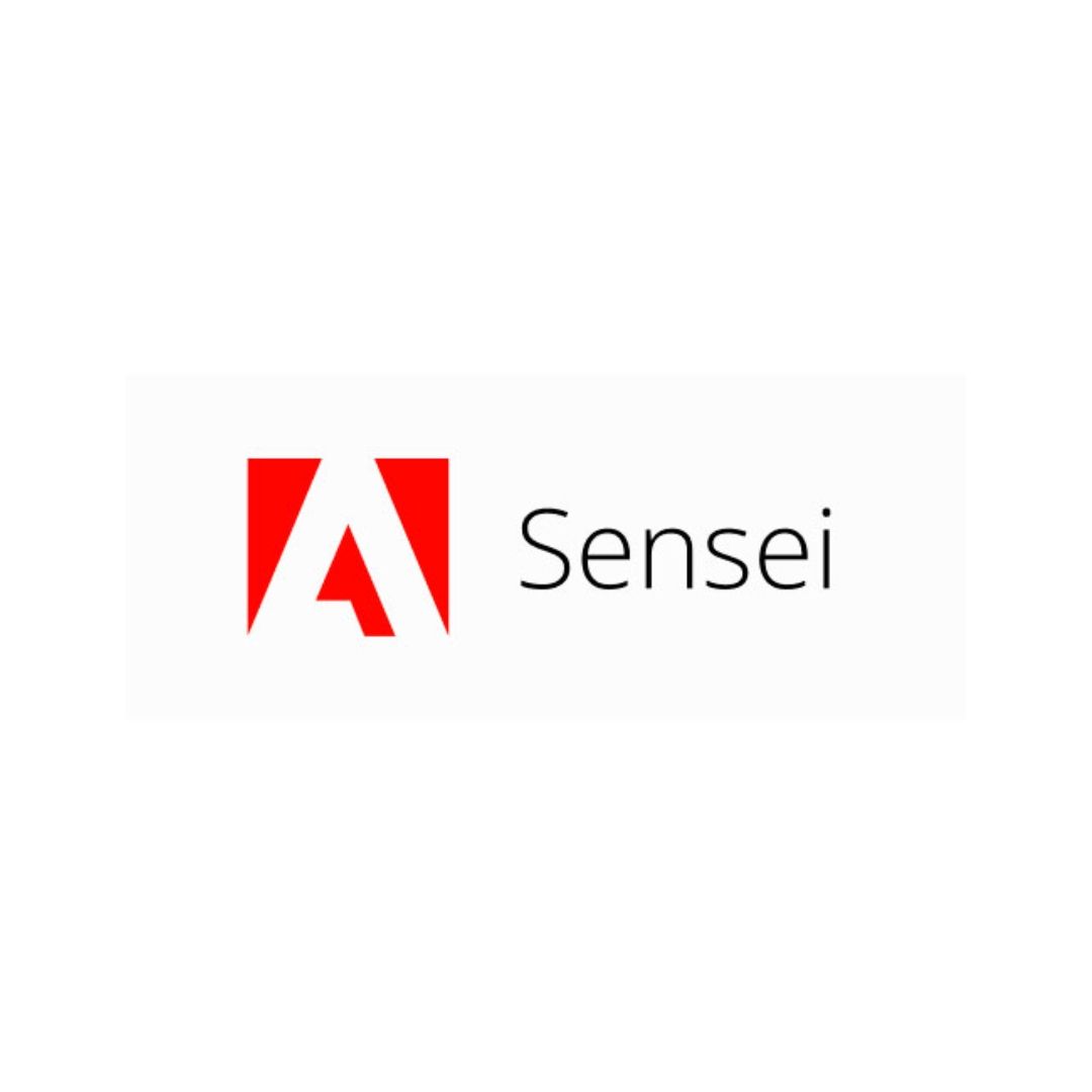 O logotipo do adobe sensei é vermelho e branco sobre fundo branco.