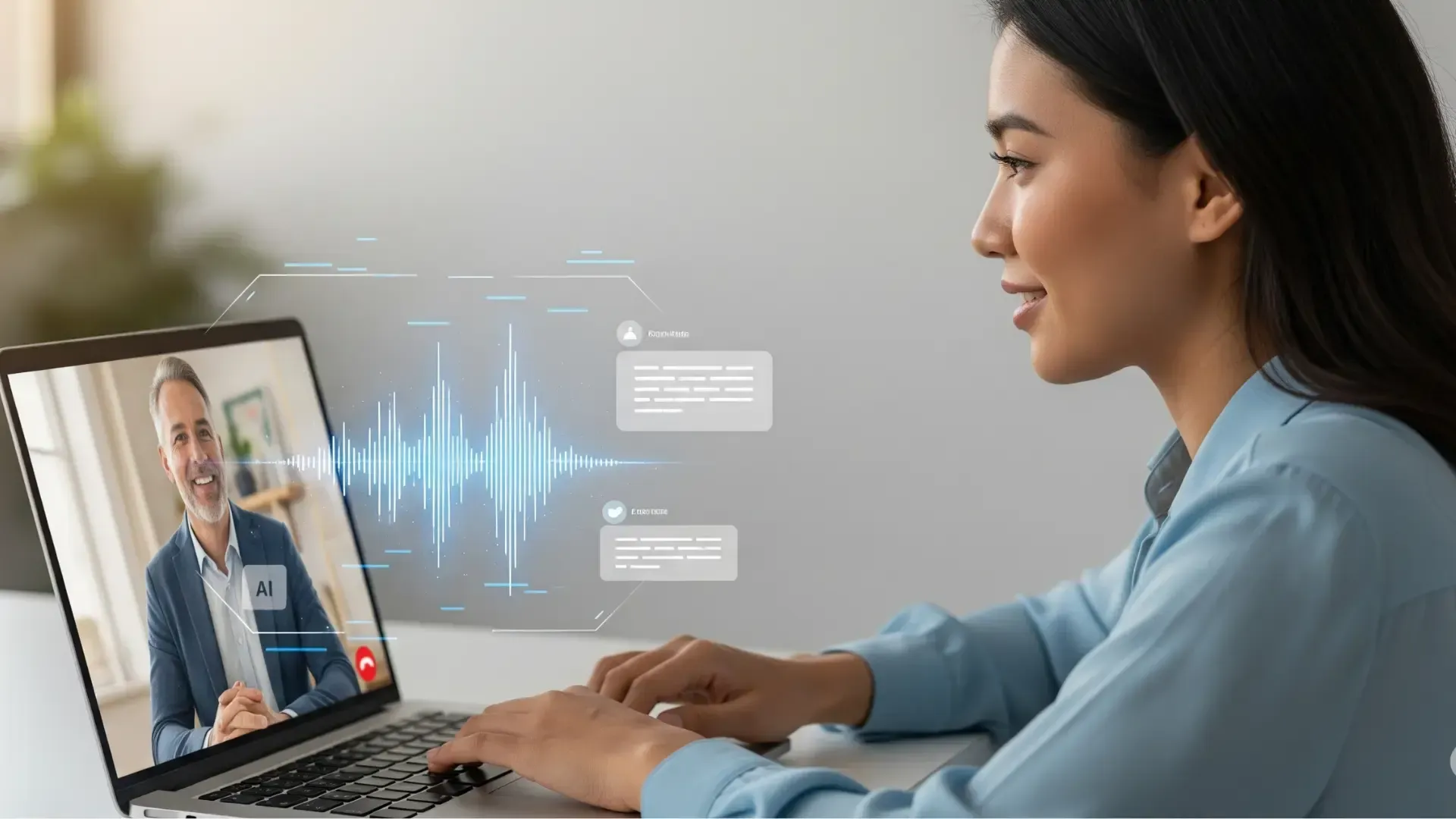Deixe a IA tomar notas e concentre-se 100% no seu cliente. Profissional de vendas focado em uma reunião online enquanto a inteligência artificial do Fireflies.ai transcreve e organiza os pontos importantes da conversa.