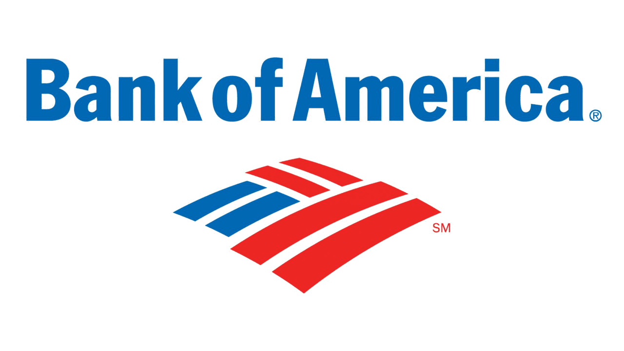 O logotipo do Bank of America é vermelho, branco e azul.