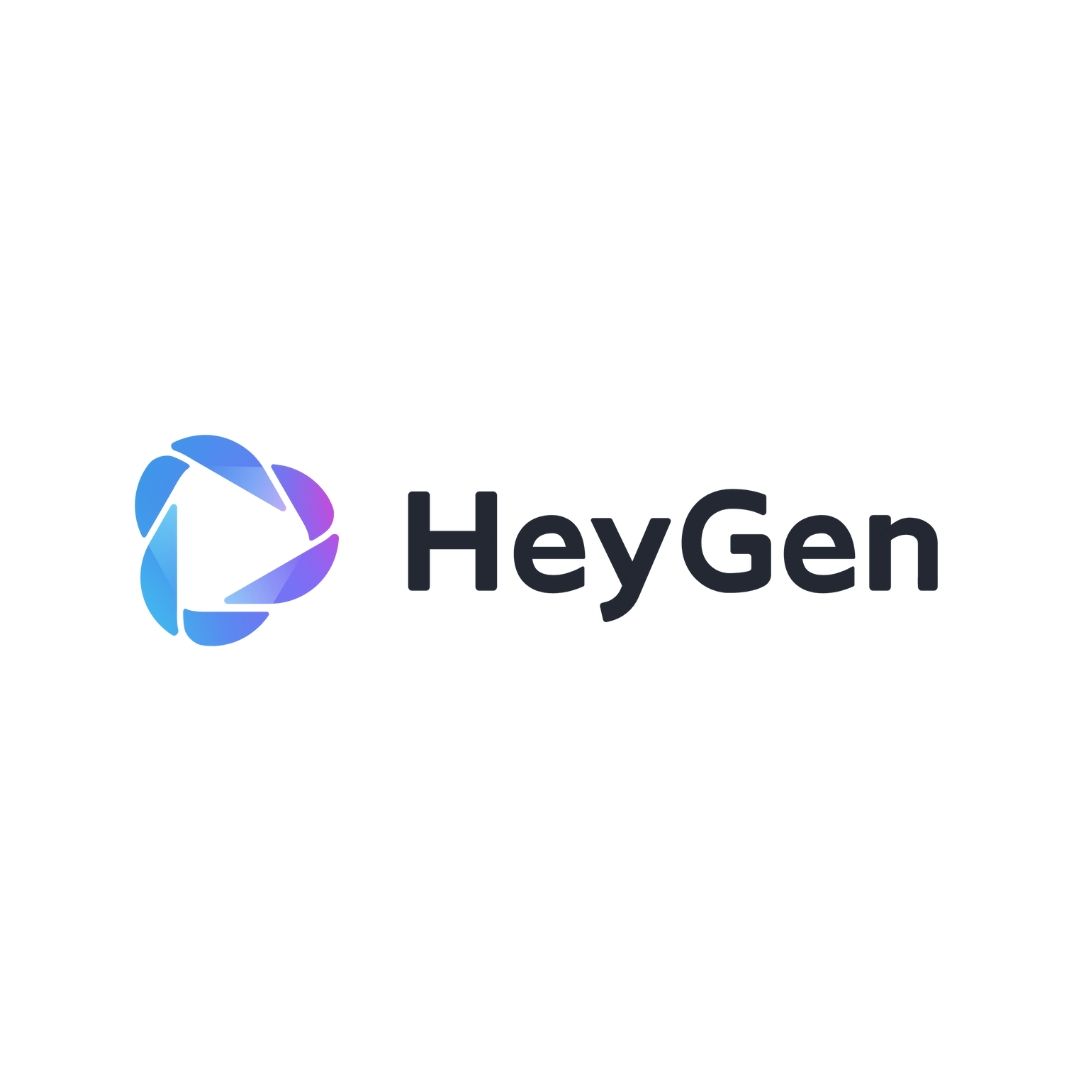 Um logotipo de uma empresa chamada heygen com um botão play no meio.