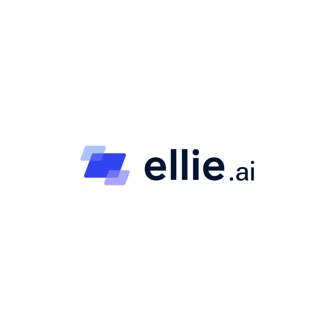 O logotipo de ellie.ai é um logotipo azul e branco sobre um fundo branco.