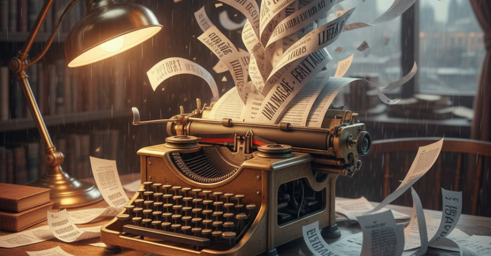 Prowriting aid máquina de escrever com vários textos e palavras saindo dela. Feito com IA