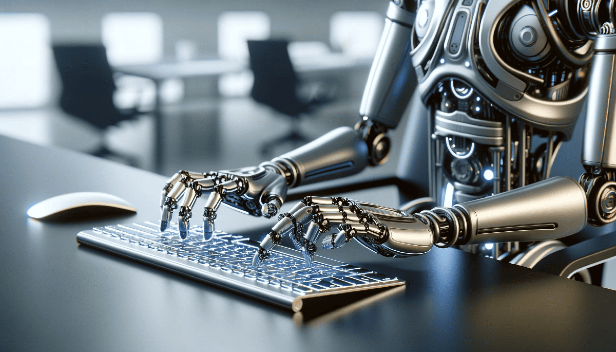 Um robô está digitando em um teclado de computador.
