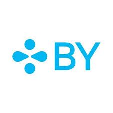 O logotipo da by é azul e branco com um círculo no meio.