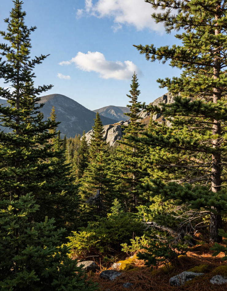 Pine forest with mountain peaks under a partly cloudy blue sky