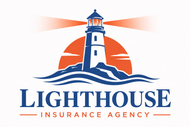 Lighthouse Insurance Agency logo with blue lighthouse, orange sun, and waves