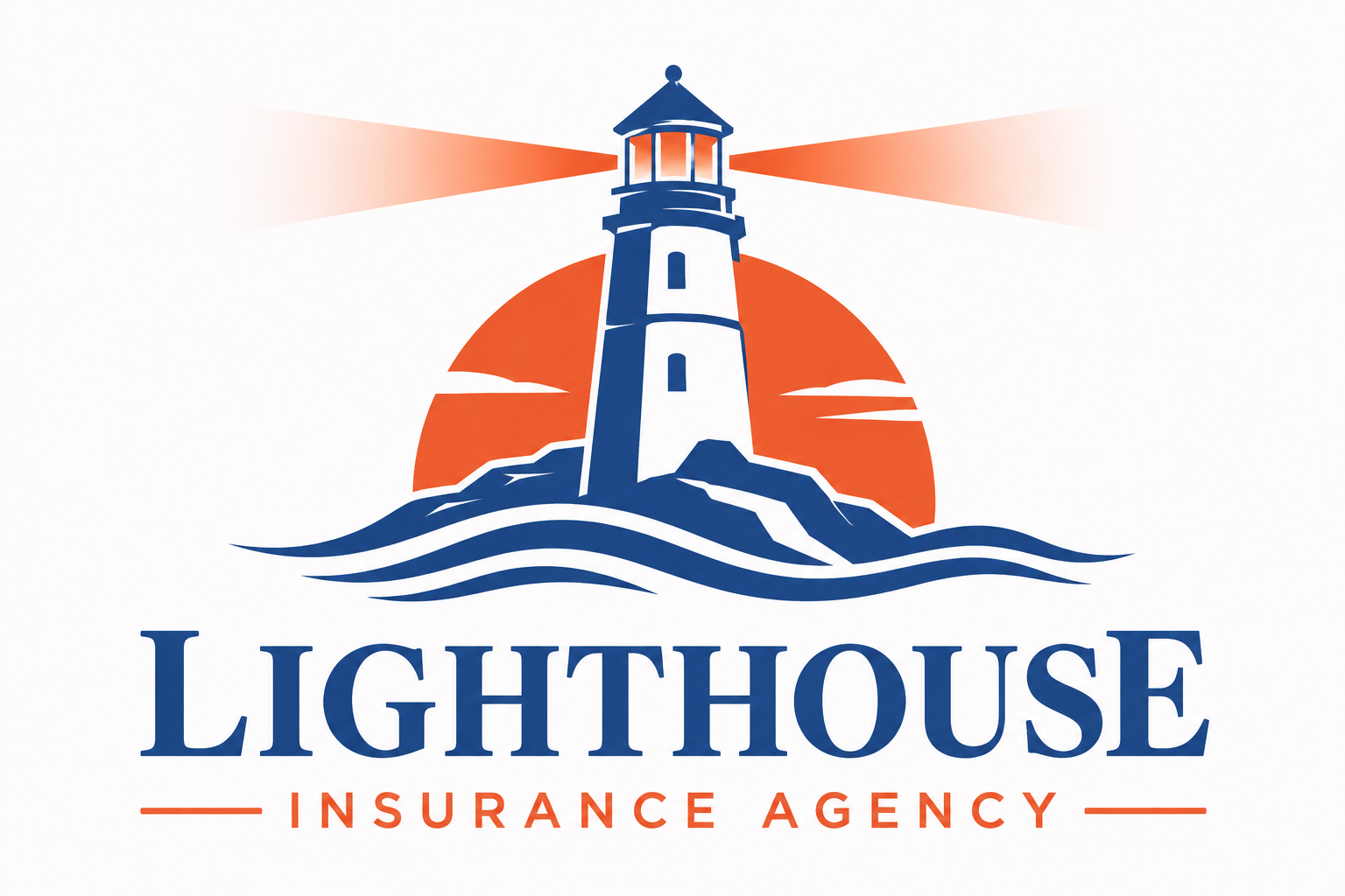 Lighthouse Insurance Agency logo with blue lighthouse, orange sun, and waves