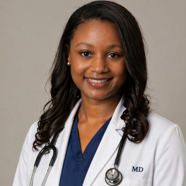 Doctor in white coat and pink dress standing