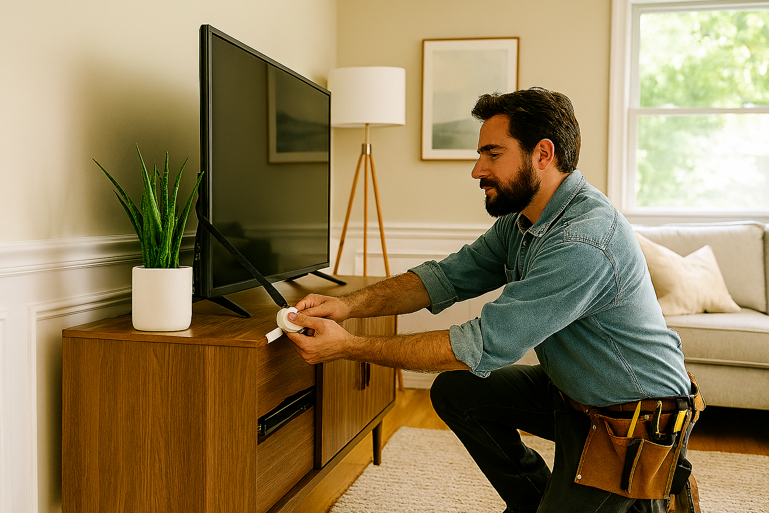 Man installing something on a wooden cabinet, in a living room with a TV and plant.