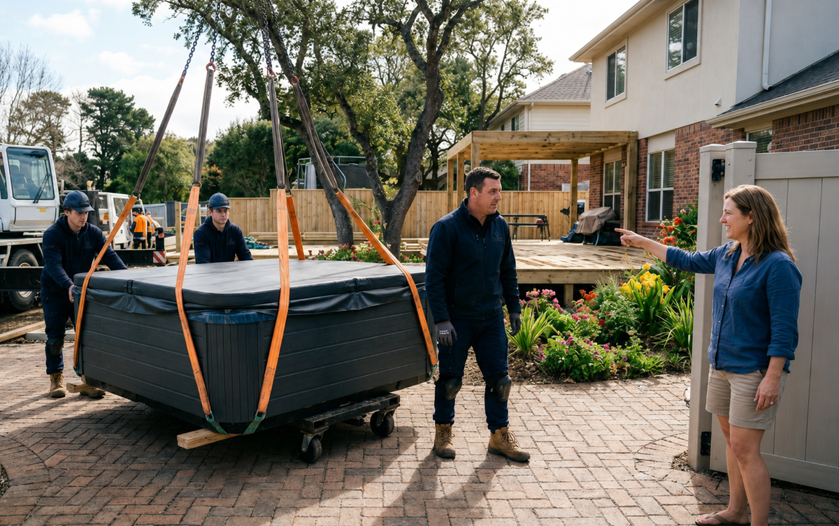 Spa relocation contractors moving oversized hot tub through narrow gate