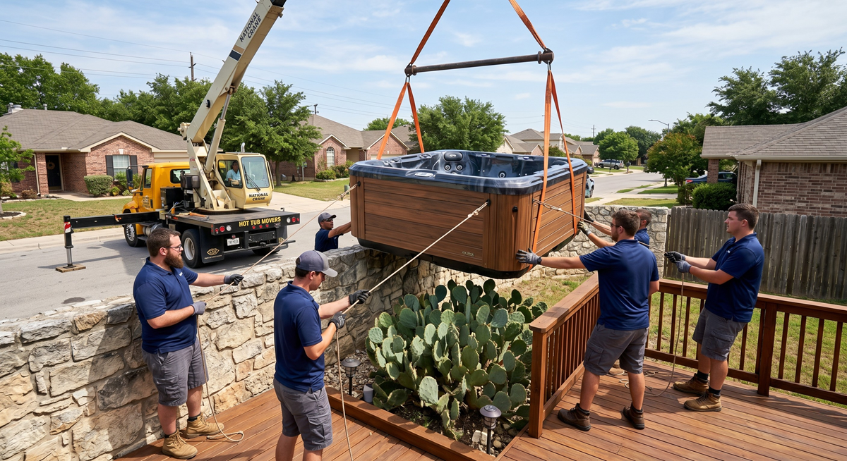 Hot tub transportation service loading spa onto trailer for delivery
