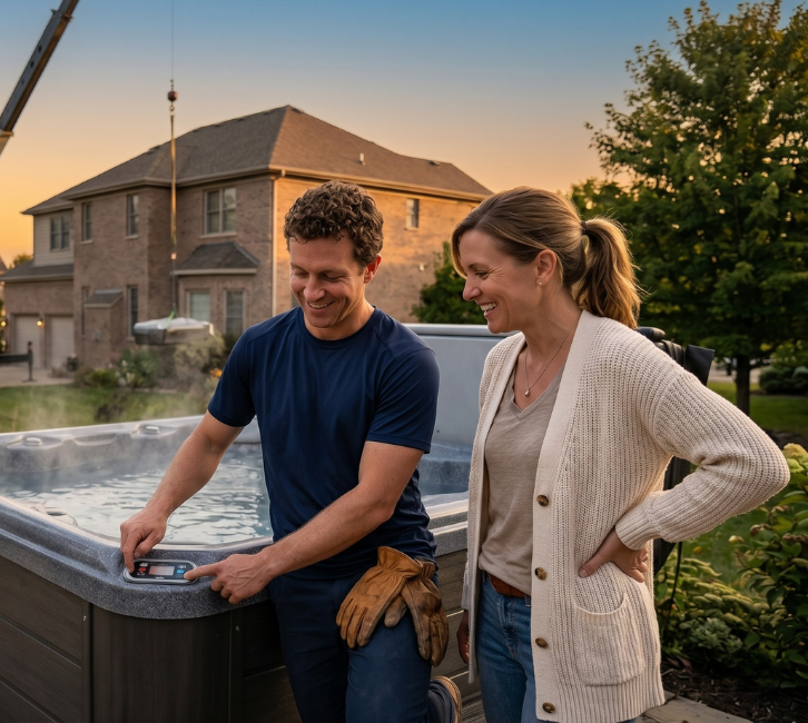 Hot tub relocation specialists preparing spa for safe lifting and transport