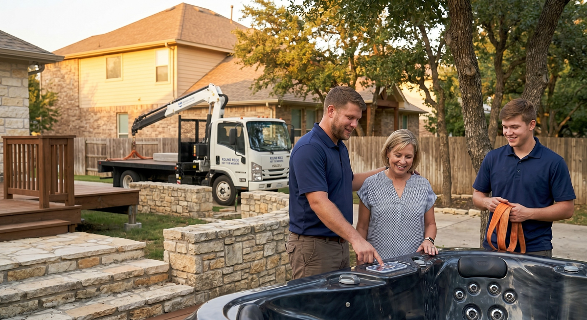 Professional hot tub movers lifting spa from residential backyard deck