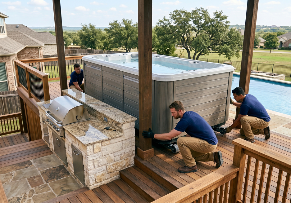 Professional spa movers lifting swim spa with hydraulic equipment in backyard