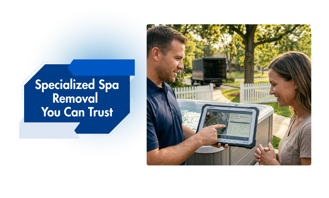 Technicians using professional spa movers equipment on uneven ground