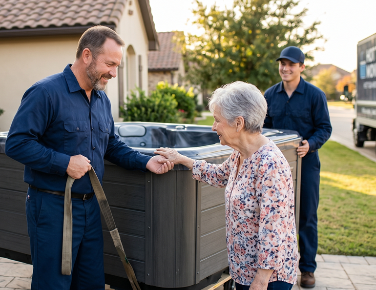 Spa movers carefully disassembling old hot tub for disposal and recycling