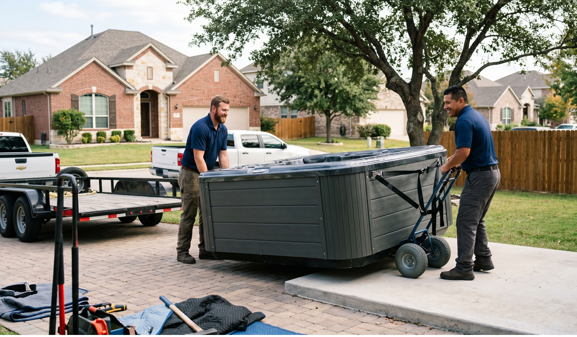 Hot tub movers Round Rock TX lifting spa from elevated deck structure