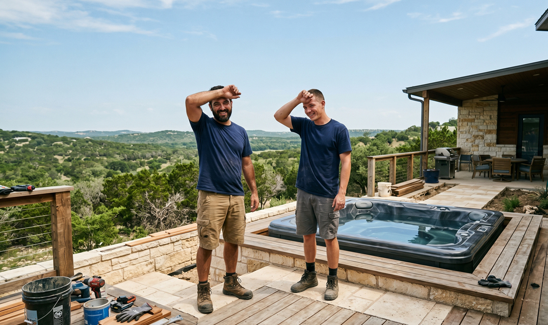 Emergency hot tub moving service removing damaged spa from backyard