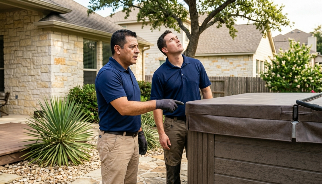 Professional spa movers navigating tight gate access during removal project