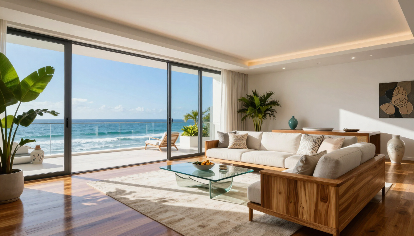 Sala de estar moderna y luminosa con vista al mar, grandes puertas de cristal, sofá de madera y plantas de interior.