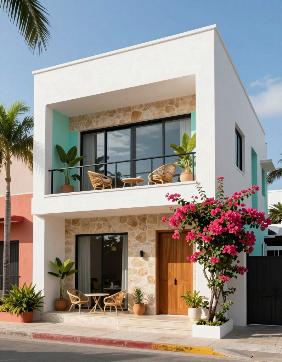 Casa moderna de dos plantas con balcones, detalles de piedra, palmeras y enredaderas de flores rosas junto a la entrada.