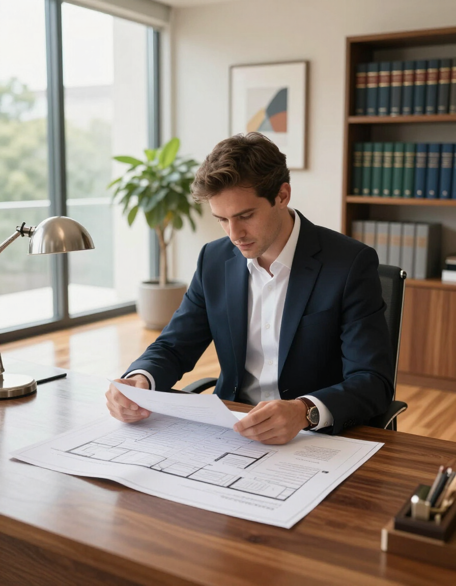 Un hombre con traje azul marino revisa planos arquitectónicos en un escritorio de madera en una oficina luminosa.