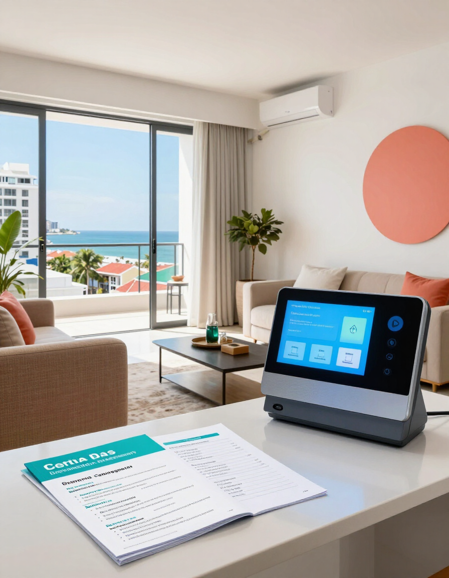 Sala de estar luminosa con vista al mar, una tableta sobre una mesa y un cuaderno en primer plano.