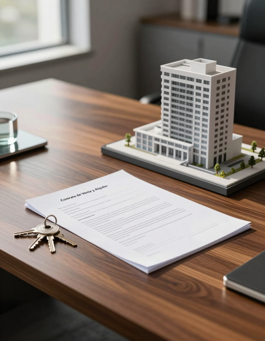 Escritorio de oficina con maqueta de casa, documentación de la propiedad