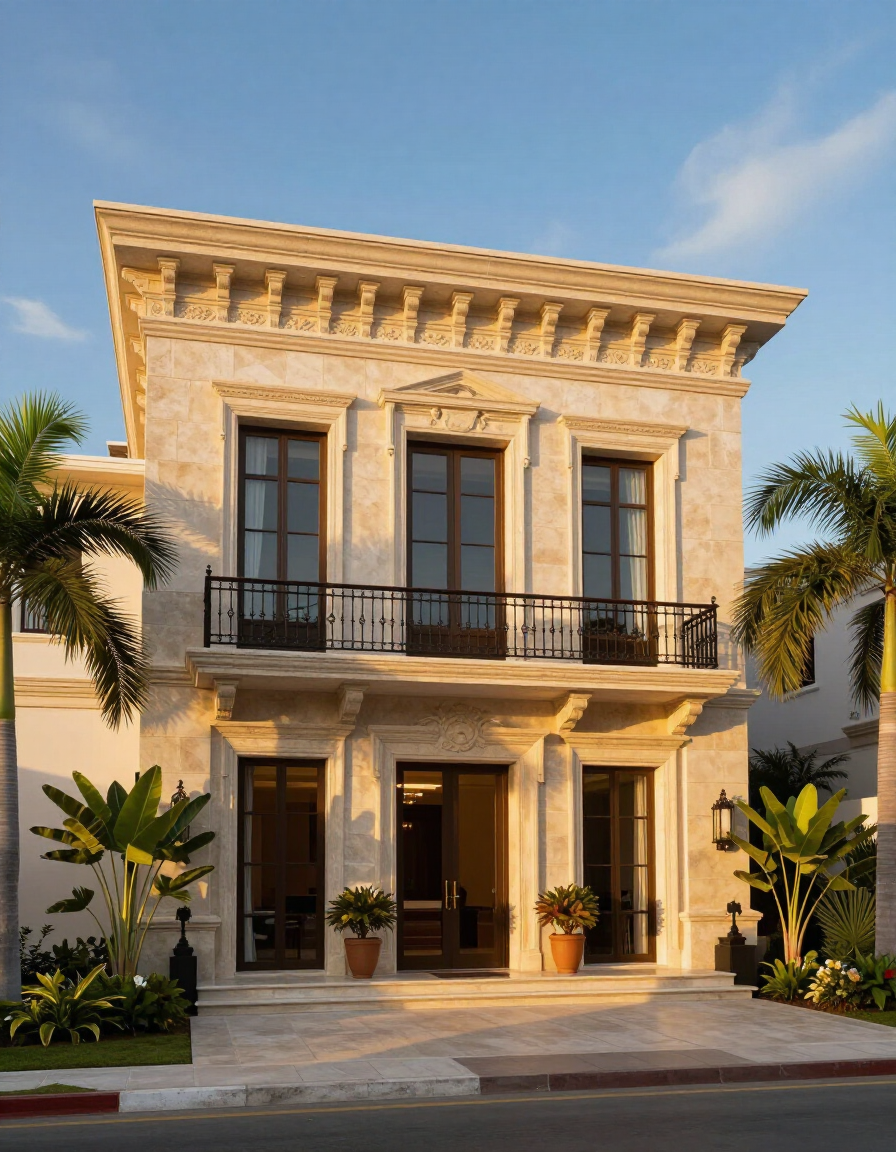 Elegante villa de dos plantas color crema con balcones, rodeada de palmeras al atardecer.