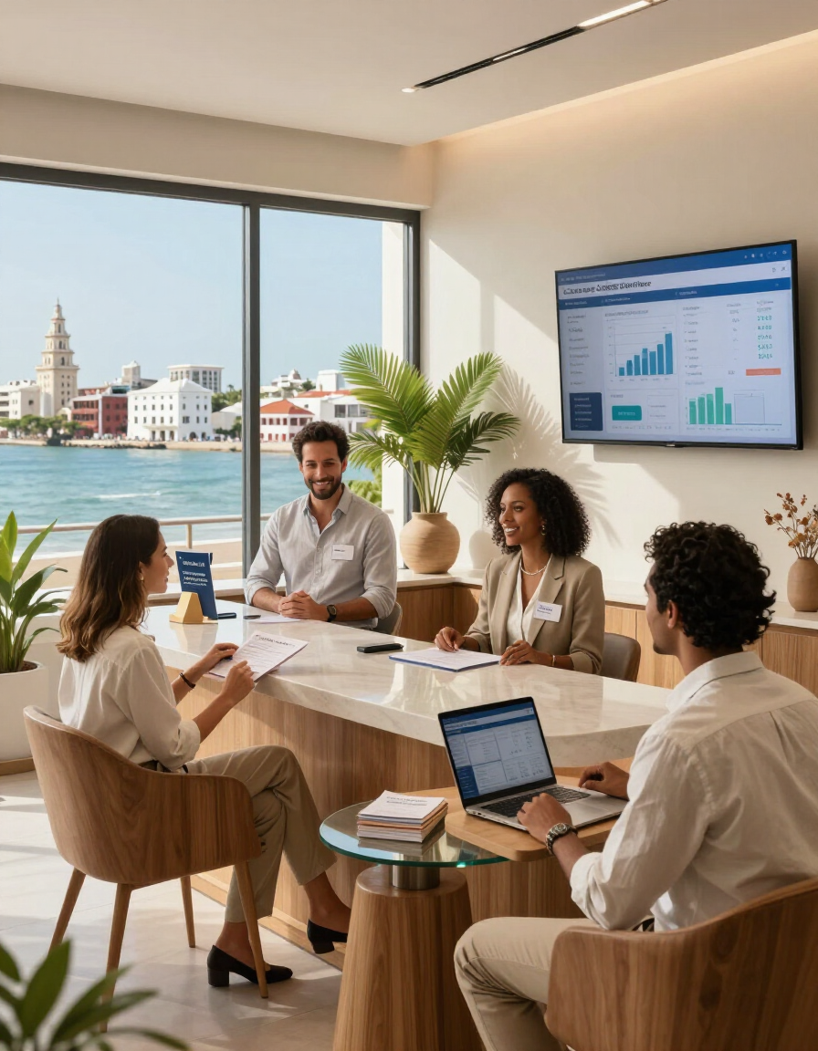 Reunión de un equipo de negocios en una oficina luminosa