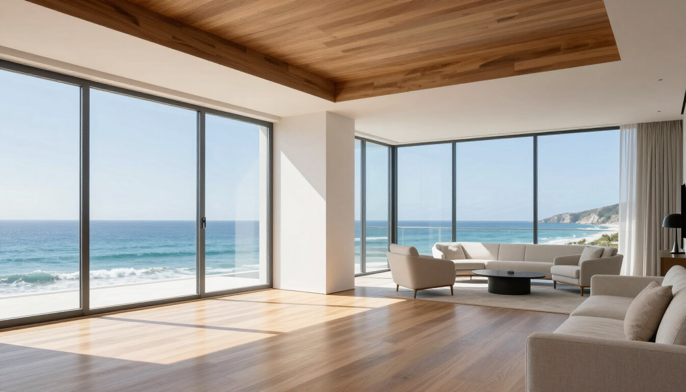 Luminoso salón frente al mar con ventanales del suelo al techo, techo de madera y vistas al mar.