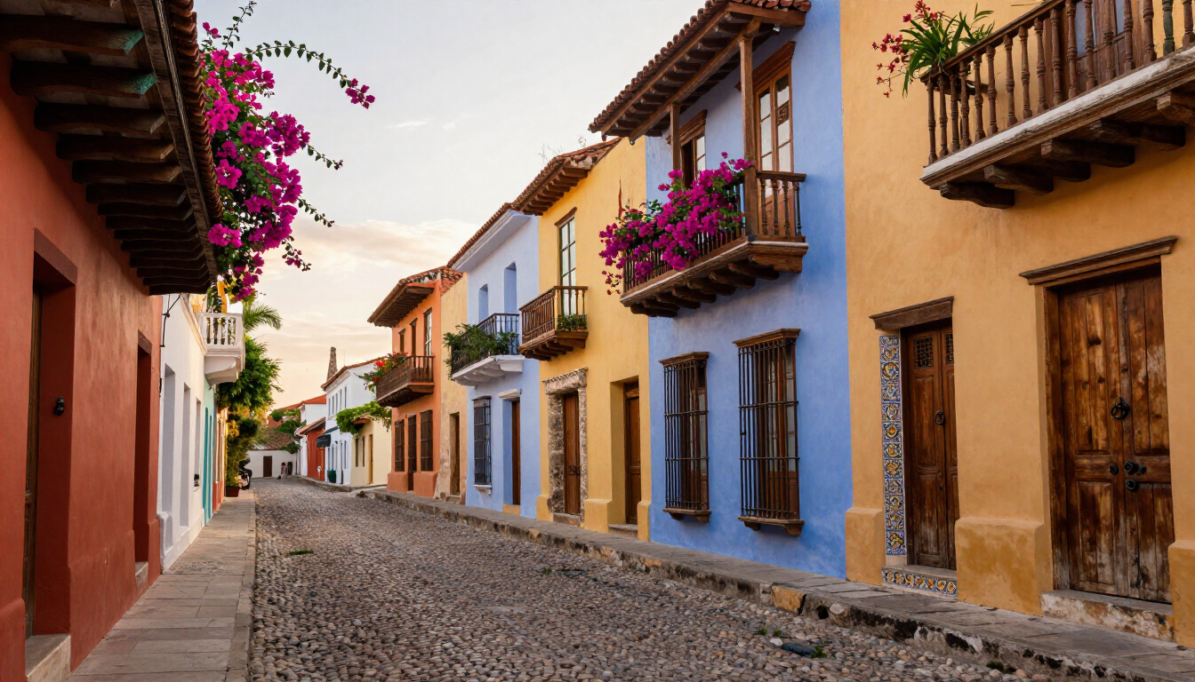 Calle adoquinada de colores, bordeada de casas coloniales en tonos pastel y balcones llenos de flores bajo una luz cálida.