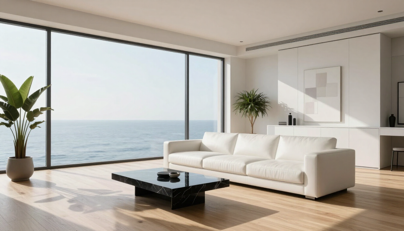 Sala de estar moderna con sofá blanco, mesa de centro, plantas y grandes ventanales con vista al mar.