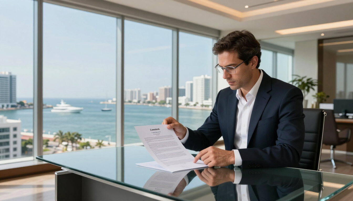 Un hombre con traje revisa documentos en un escritorio de cristal con vistas a la ciudad y al paseo marítimo de fondo.