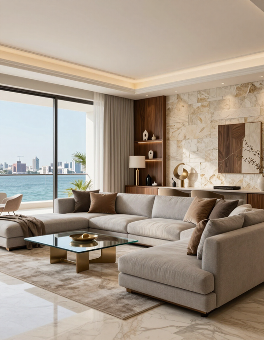Sala de estar moderna con sofá seccional beige, mesa de centro de cristal y vista al mar a través de grandes ventanales.