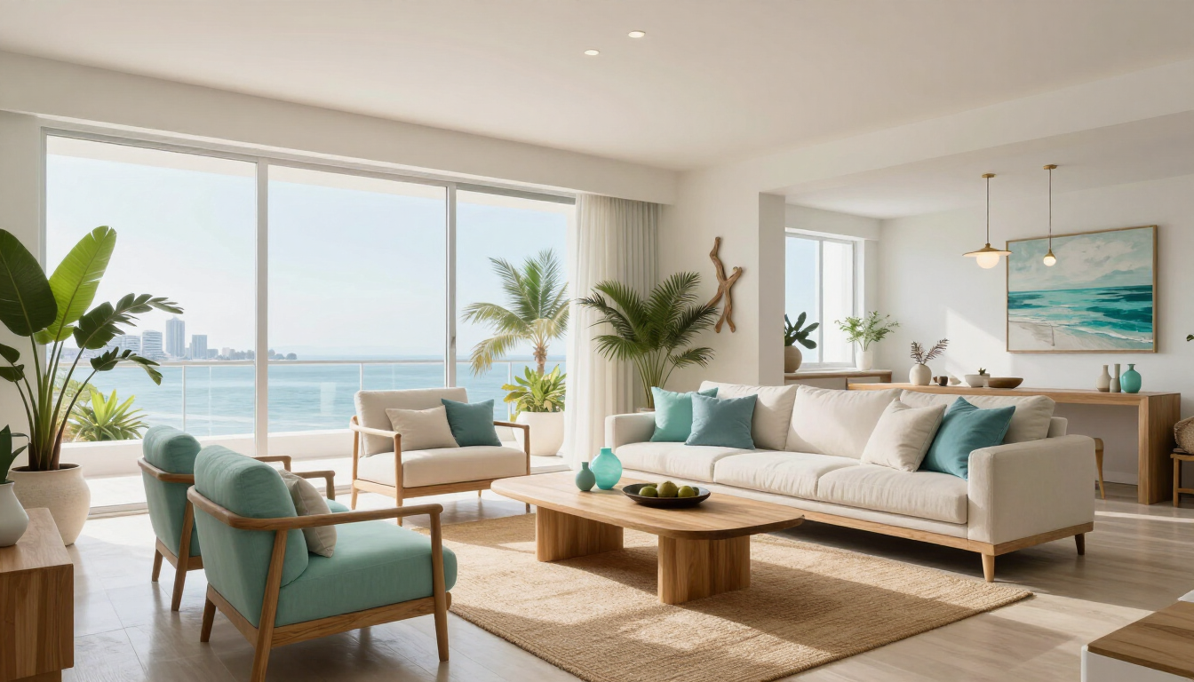 Sala de estar moderna y luminosa con vista al mar, sofá beige, sillas color verde