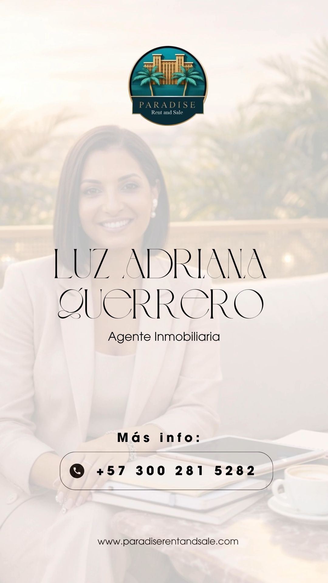 Promoción inmobiliaria de Luz Adriana Corcho con información de contacto sobre un fondo de retrato difuminado.
