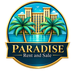 Logotipo de un resort de lujo con palmeras, océano y el texto “PARADISE Rent and Sale”.