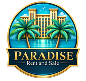 Logotipo de un resort de lujo con palmeras, océano y el texto “PARADISE Rent and Sale”.